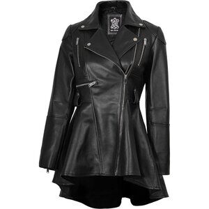 Women's Real Lambskin Peplum Long Sleeves Leather Jacket Outerwear Cognac Black